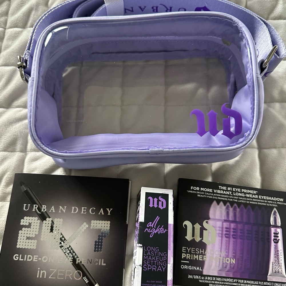 Urban Decay Purple Clear crossbody Bag with Cosmetics-New
